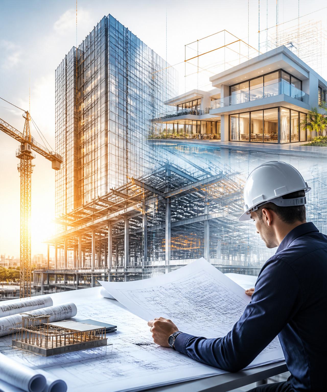 Modern engineering montage — commercial tower, luxury villa, structural steel and engineer with blueprints